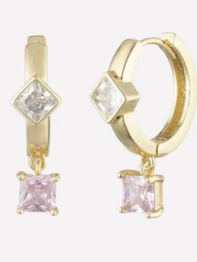 Gold Huggie hoop Earrings with Pink + white Swarovski stones